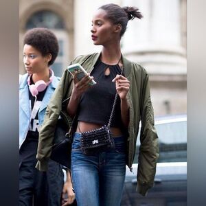 New Free People Movement Relay Zip-Up Olive Satin Bomber Jacket NWT